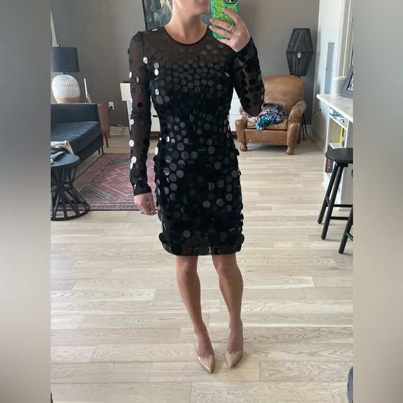 BCBG black mini dress with sheer long sleeves and oversized sequins size S - Picture 1 of 4